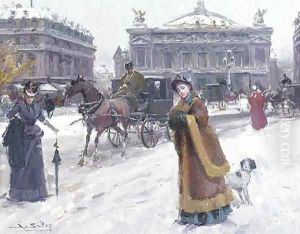 Figures in the snow before the Opera House, Paris