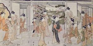 Young women with a basket of chrysanthemums by Katsukawa Shunsho