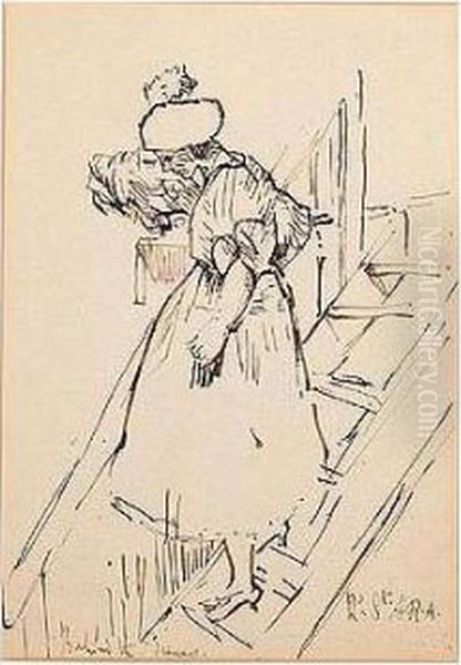 Behind The Scenes, Signed And
Inscribed With Title, Pen And Ink On Card, Unframed, 28 By 19.5 Cm., 11
By 7 1/2 In - view 1