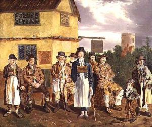 Norwich characters, L. to R., Peter Thomas, C. Grimer, R. Gurney, R. Gallant, Blind Dan, John of Poringland, Joe Doe, Whistling Cuckoo Boy and Wyer by Joseph Stannard
