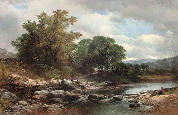 Figures resting on a river bank, possibly on the Llugwy - view 1