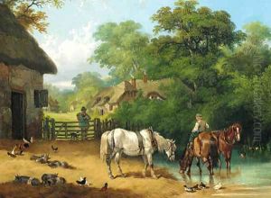 A boy watering horses in a farmyard by Charles & Henry Shayer