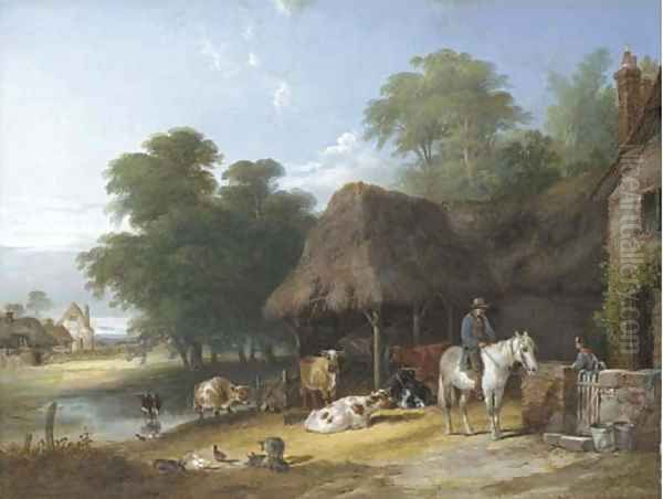 Figures and livestock by a riverside farmhouse - view 1