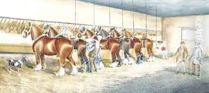 Shire horses in a stable by Henry William Standing
