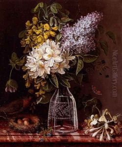 Still Life Of Lilacs And Other Flowers In A Glass Vase, Sprigs Of Honeysuckles, And A Bird Perched On A Nest, All Resting On A Marble Ledge by Theodore Jozef Sax