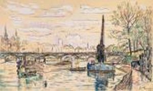 Le Pont Desarts In Paris, Mit Einem Baggerkran Und Schiffen Imvordergrund by Paul Signac