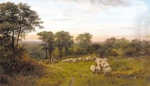 A shepherd and sheep in a wooded glade by George Shalders