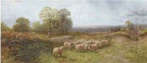 A shepherd with his flock in a moorland landscape by George Shalders