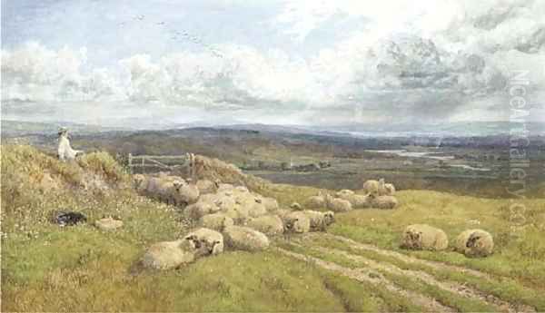 A shepherd and his flock in a meadow - view 1