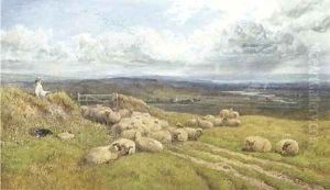 A shepherd and his flock in a meadow by George Shalders