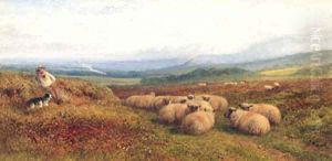 A Shepherd and Sheep in a hilly Landscape by George Shalders