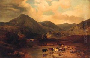 Cattle watering in a mountainous Landscape with a Drover and Child in the foreground by George Shalders