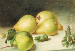 Still-life with a pear, quinces and beechnuts by Frederick Smallfield, A.R.W.S.