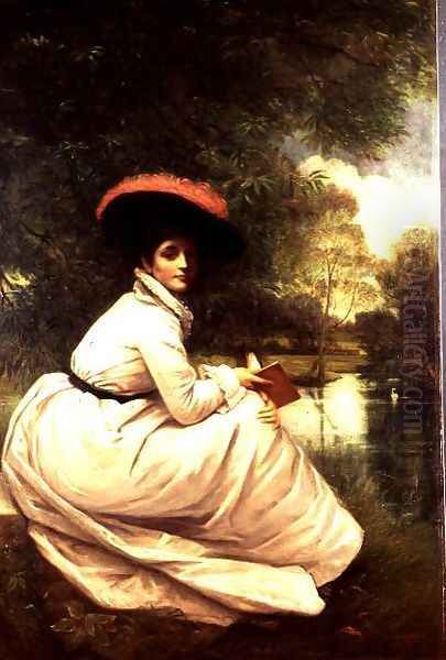 Portrait of a Lady in White Holding a Book by a Lake - view 1