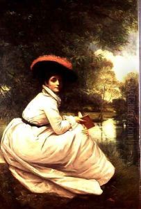 Portrait of a Lady in White Holding a Book by a Lake