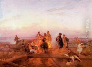 Raftsmen on the Vistula River (Flissen auf der Weichsel) by Wilhelm August Stryowski (Stryjowski)