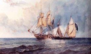 A Man-O-War And Pirate Ship At Full Sail On Open Seas by Clarkson Stanfield
