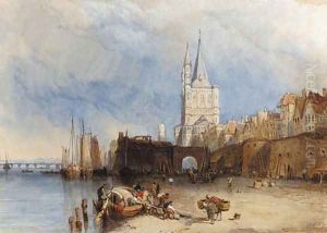 Figures unloading a barge in Cologne Harbour