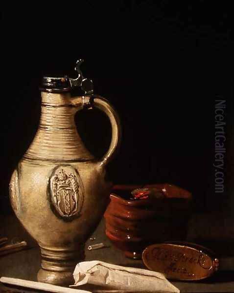 Still life with an Amsterdam earthenware ewer, bowl of charcoal and tobacco pouch - view 1