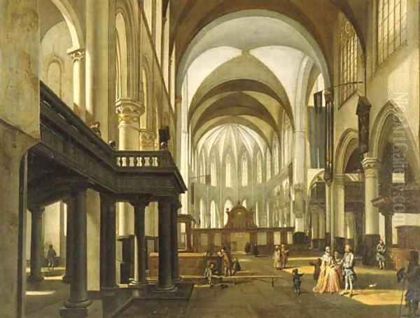 A view of the Oude Kerk, Amsterdam, looking towards the choir with an elegant couple and children in the nave - view 1