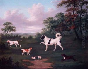 Sporting dogs in a landscape