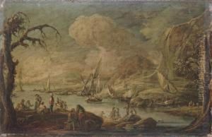 A Coastal Inlet With Soldiers And Peasants Resting, With Shipping Beyond
