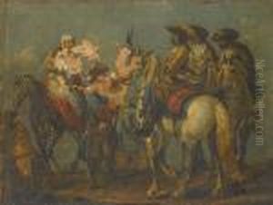 Cavalry Officers Consulting On A Plain; And A Maid Attending Cavalry Officers