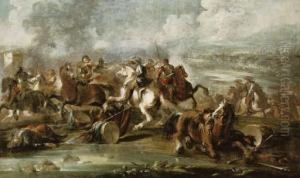 A Cavalry Skirmish On A Riverbank, A City Beyond