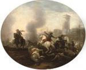 A Cavalry Battle Before A Castle by Francesco Simonini
