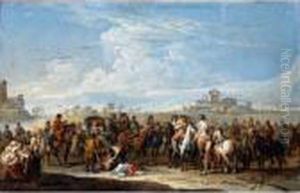 A Landscape With An Elegant
Couple In A Carriage Being Held Up By Horsemen, Other Villagers Nearby by Francesco Simonini