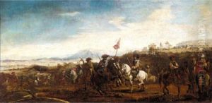 A Cavalry Engagement With A Hilltop Church Beyond by Francesco Simonini