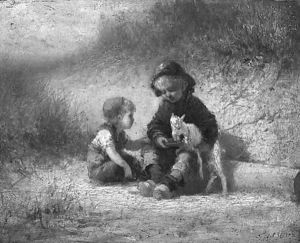 Children feeding a goat by Ferdinand Carl Sierich