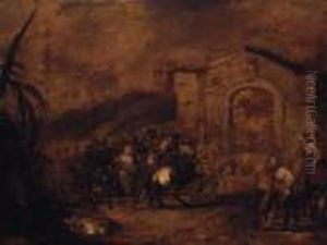 A Cavalry Skirmish Before A Classical Gateway A Cavalry Skirmish Before A Classical Gateway