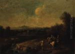 A Wooded River Landscape With Huntsmen On A Track by Francesco Simonini