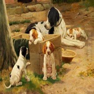 The Pointer Asor With Her Four Puppies by Simon Simonson
