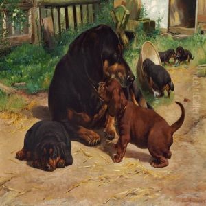 A Dachshund With Her Puppies by Simon Simonson