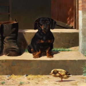 Dachshund And Duckling At A Doorstep by Simon Simonson