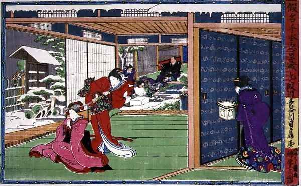 A scene from the 9th act of a kabuki play, Kanadehon Chushingura, a tale of revenge based on the forty-seven ronin incident of 1703, c.1870 - view 1