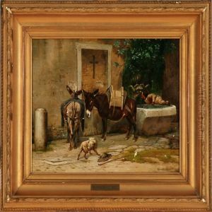 A Scene From Italy With Donkeys And A Boy Drinking From A Fountain