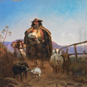 An Italien Shepherd Surrounded By His Dog And Goats by Simon Simonson