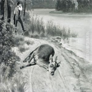 Hunting Scene With Deer And Hunters by Simon Simonson