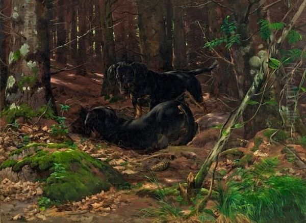 Simonsen: Two Playful Dogs In The Woods. Signed Simon Simonsen - view 1
