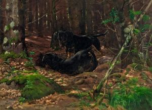 Simonsen: Two Playful Dogs In The Woods. Signed Simon Simonsen by Simon Simonson
