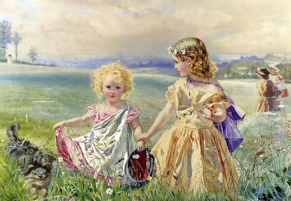 Children Garlanded With Flowers In A Meadow - view 1