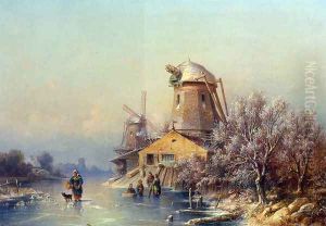 A Winter Landscape with Figures on a Frozen Waterway by Josef Magnus Stack