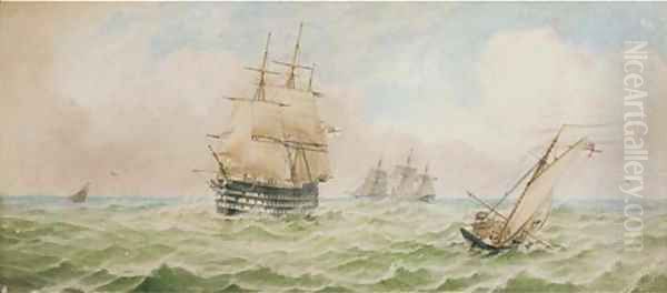 A Royal Naval First Rate passing an Admiralty cutter in the Channel - view 1