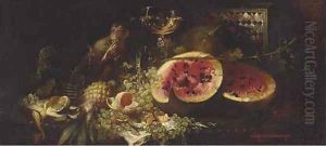 A Monkey at a table with fruit and wine by Hans Schlimarski