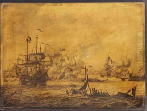 A naval engagement between English and Dutch men-of-war - a penschilderij by Adriaen or Abraham Salm
