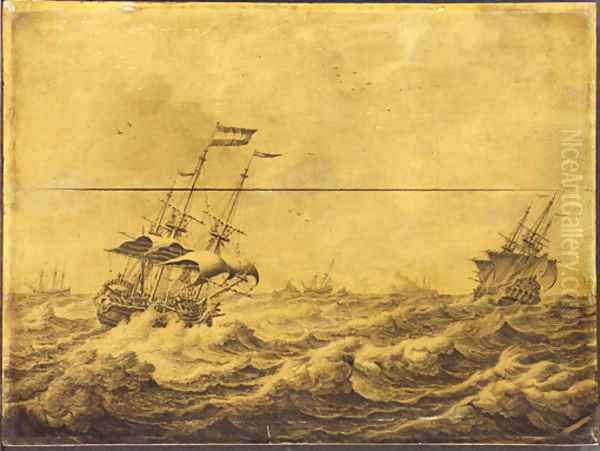 Dutch Galley Frigates and others shipping in choppy seas - a penschilderij - view 1