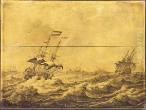 Dutch Galley Frigates and others shipping in choppy seas - a penschilderij
